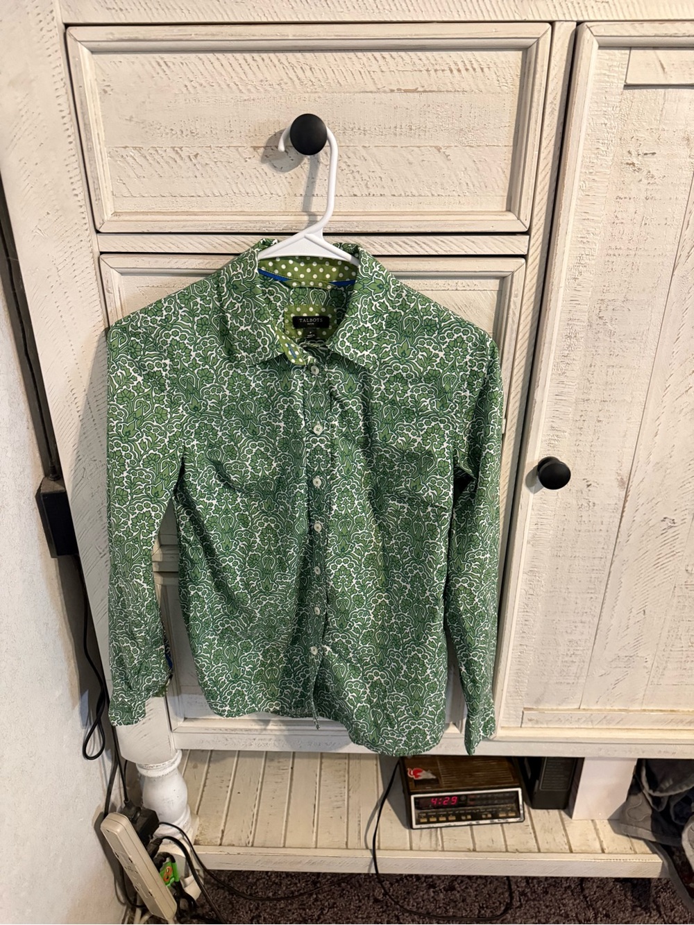 Talbots Green Floral Button-Up Blouse with Polka Dot Collar